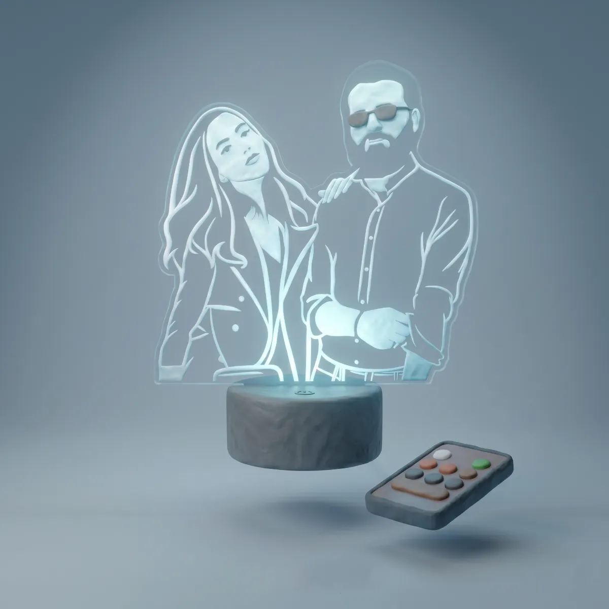 A unique sculptural art lamp, elegantly illuminating a cherished personalized photograph.
